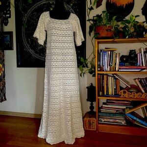 Vintage 70’s Bohemian open Knit crochet Long maxi Dress! OOAK. Small.